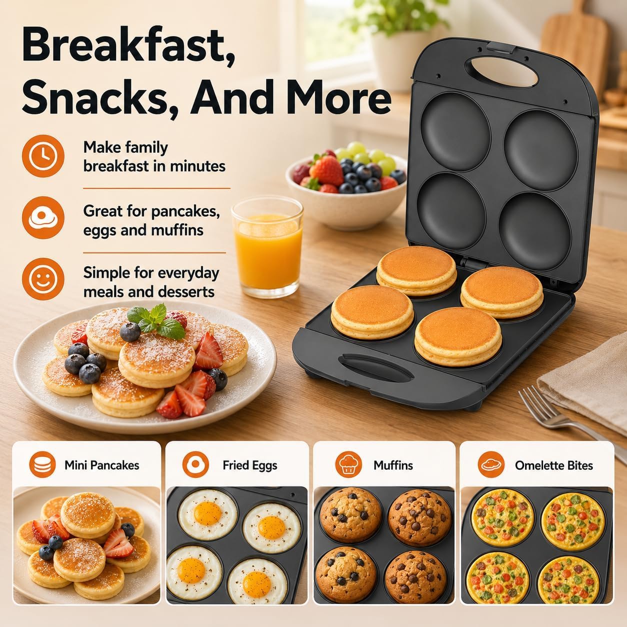 Mini Machine à crêpes électrique, Assiettes antiadhésives 1400W, Fait 4 crêpes, flapjacks, Muffins, œufs frits, Hamburgers et omelettes