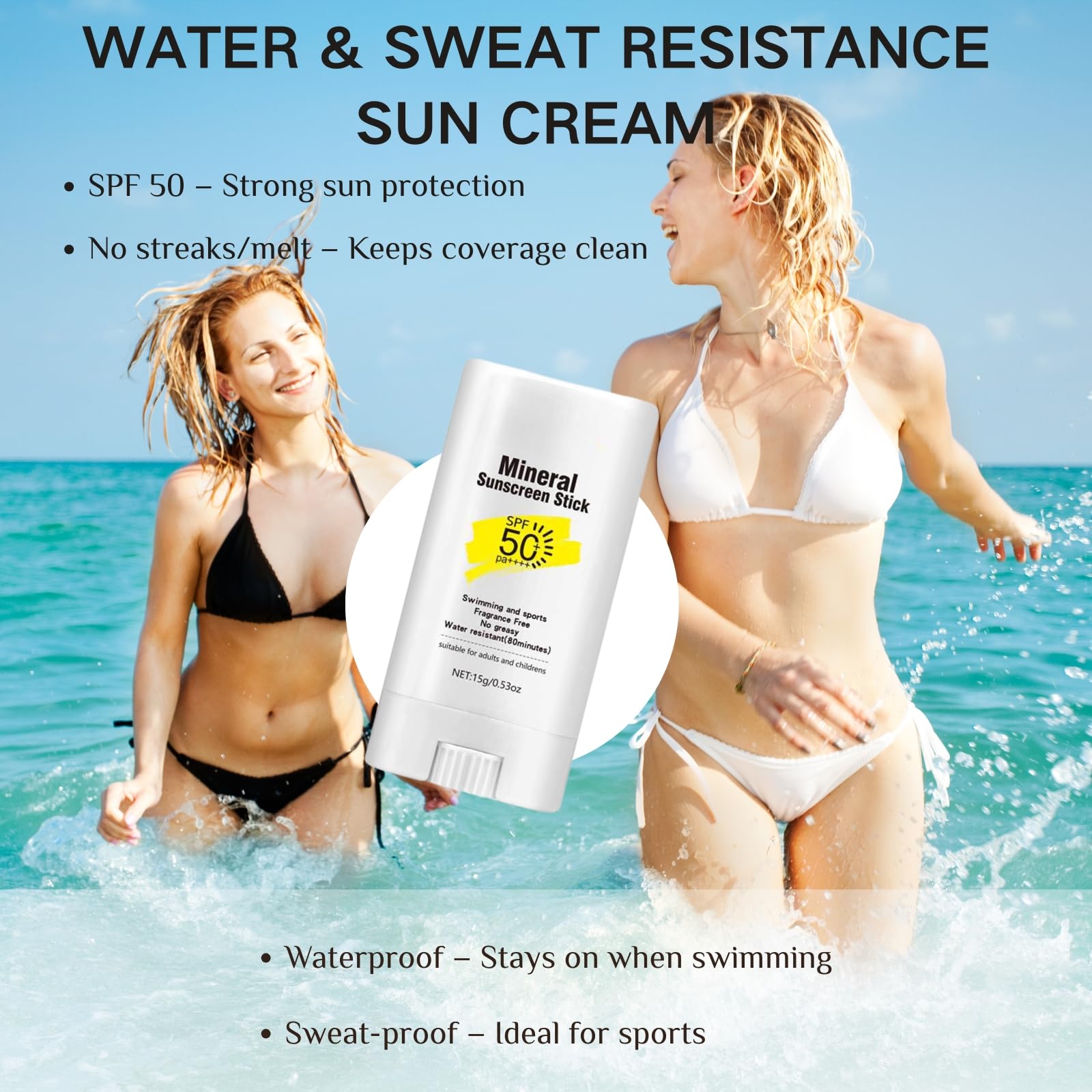 2PCS Sunscreen Stick, Mineral Sunscreen SPF 50 PA++++, Non-Sticky Water Resistant No White Cast Sun Cream for Face & Body - Image 4