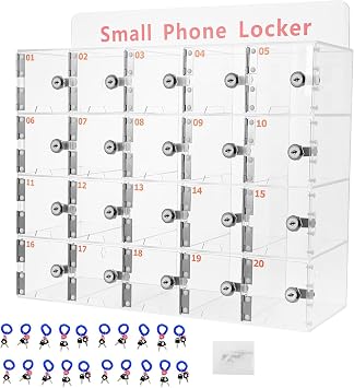 Acrylic Cell Phone Locker Box, 20 Slots Clear Cell Phones Storage Cabinet with Door Locks and Charging Slot, Wall-Mounted Pocket Locker for Office Classroom Conference Rooms