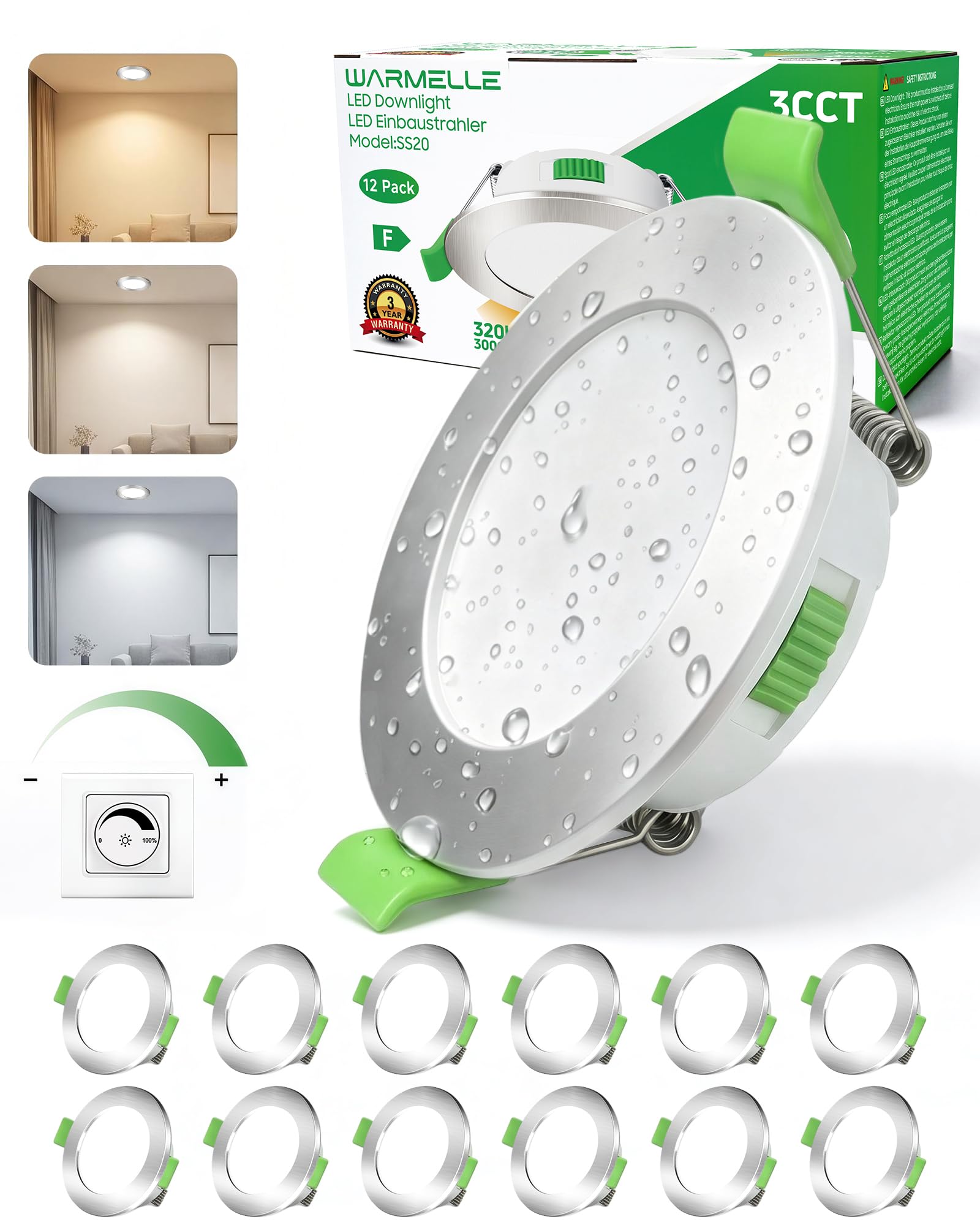 WARMELLE 12 Pack Nickel LED Downlights for Ceiling,IP65 Waterproof Spot Lights,4W 360lm 3000K/4000K/6500K CRI>80, Bathroom Light CutoutΦ55-68mm for Home,Kitchen,Bedroom