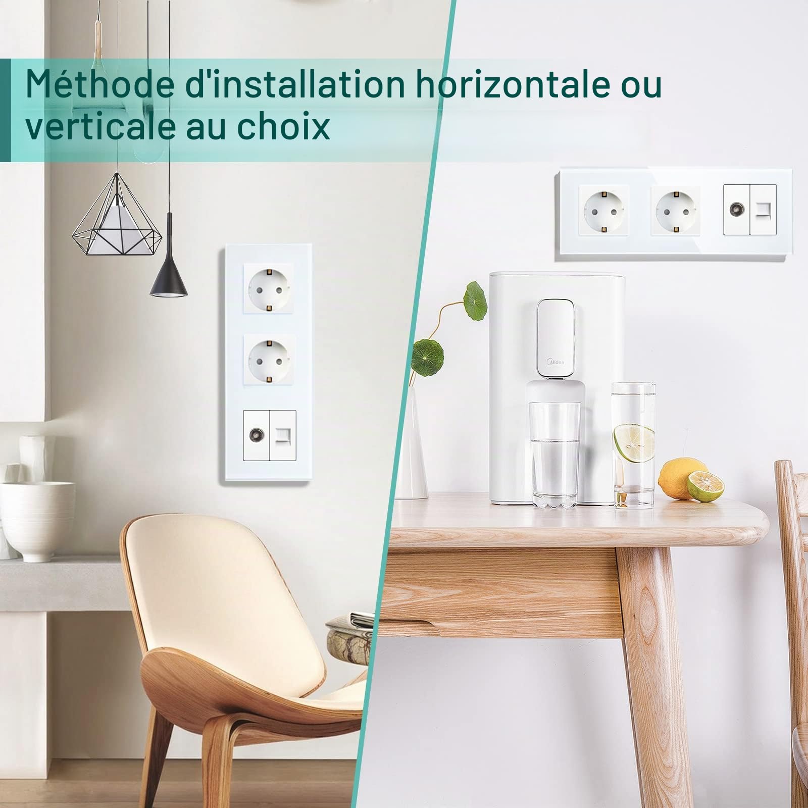 BSEED Double prise avec connecteurs d'accessoires pour TV et PC CAT5e standard de l'UE, vitre en verre CE, 16 A / 100-220 V CA (blanc)
