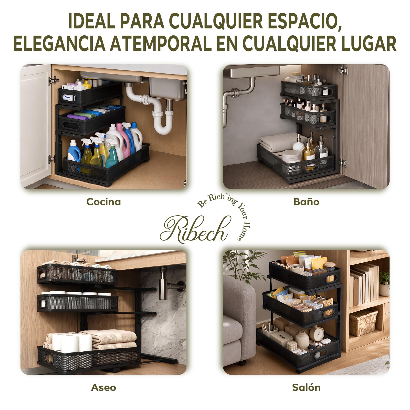 Organizador De 3 Niveles De Acero, Ajustable Y Antideslizante | Deslizamiento suave, Estructura acero, Pies antideslizantes, Compartimentos versátiles, Resistente al agua, Fácil limpieza