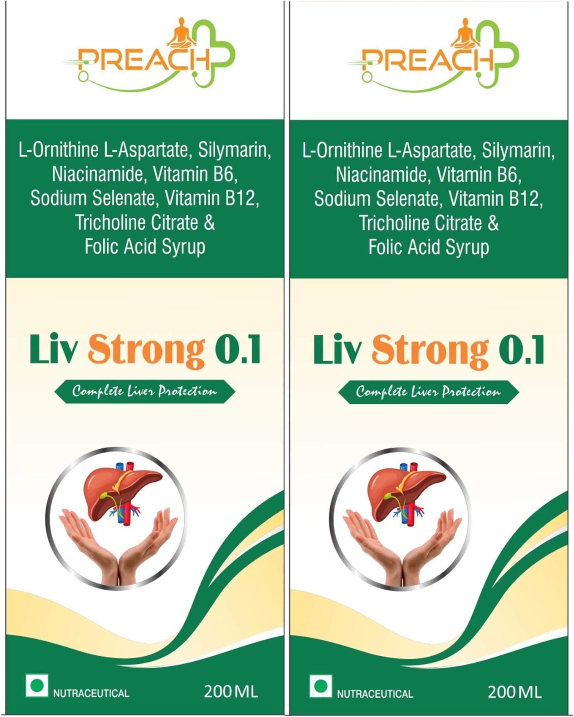Preach Pharma Liv Strong 0.1 L-Ornithine L-Aspartate, Silymarin, Niacinamide, Vitamin B6, Sodium Selenate, Vitamin B12 Folic Acid & Tricholine Citrate Syrup Pack Of 2