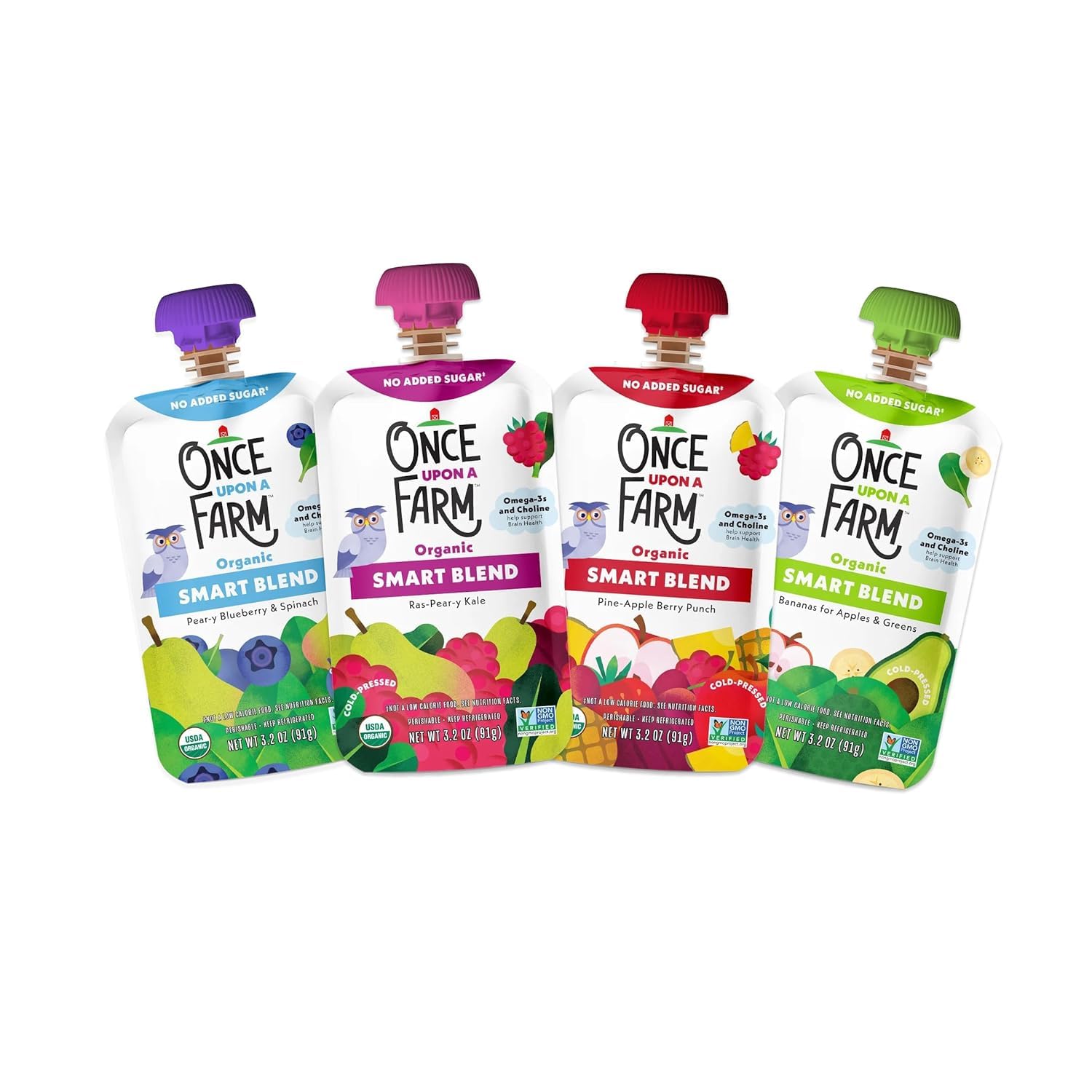 Once Upon a Farm Pouches, Smart Blend Variety Pack, Pineapple, Blueberry, Raspberry, Apple, USDA Certified Organic, Non-GMO, Cold-Pressed, No Sugar Added, Variety Pack of 16