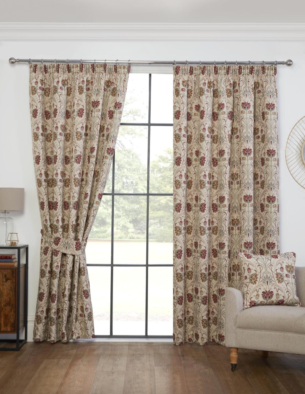 Pikk Natural - Fully Lined Aylesbury - Floral Fully Lined Curtains - Pencil Pleat / 3" Tape Header - Polycotton (Multi, 46" X 54" / 113Cm X 137Cm)