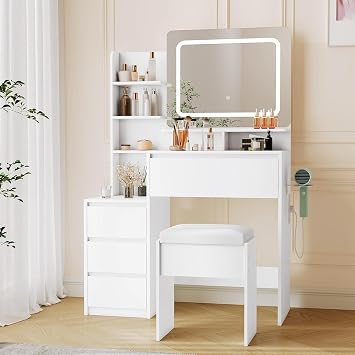 Modern 36-Inch Vanity Desk with Mirror and Lights, Makeup Vanity Table with Outlets, 4 Drawers, Stool, 3-Color LED Vanity Mirror, White Vanity Set for Bedroom, Women