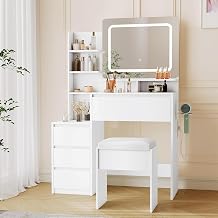 Jojoka Modern 36-Inch Vanity Desk with Mirror and Lights, Makeup Vanity Table with Outlets, 4 Drawers, Stool, 3-Color LED Vanity Mirror, White Vanity Set for Bedroom, Women