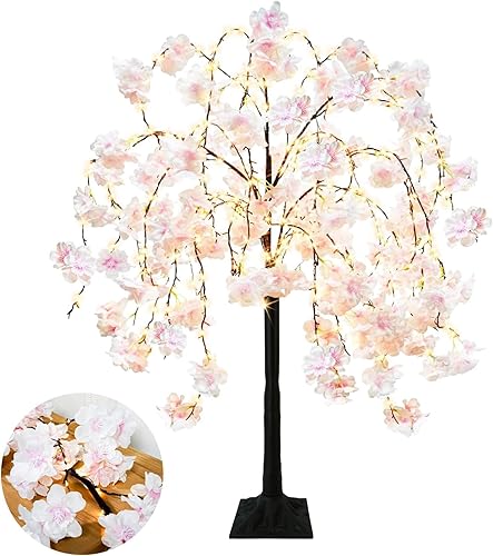 Árbol de flor de cerezo de 4 pies con 360 luces LED, árbol iluminado artificial con 8 modos de iluminación, árbol rosa con flores sintéticas para