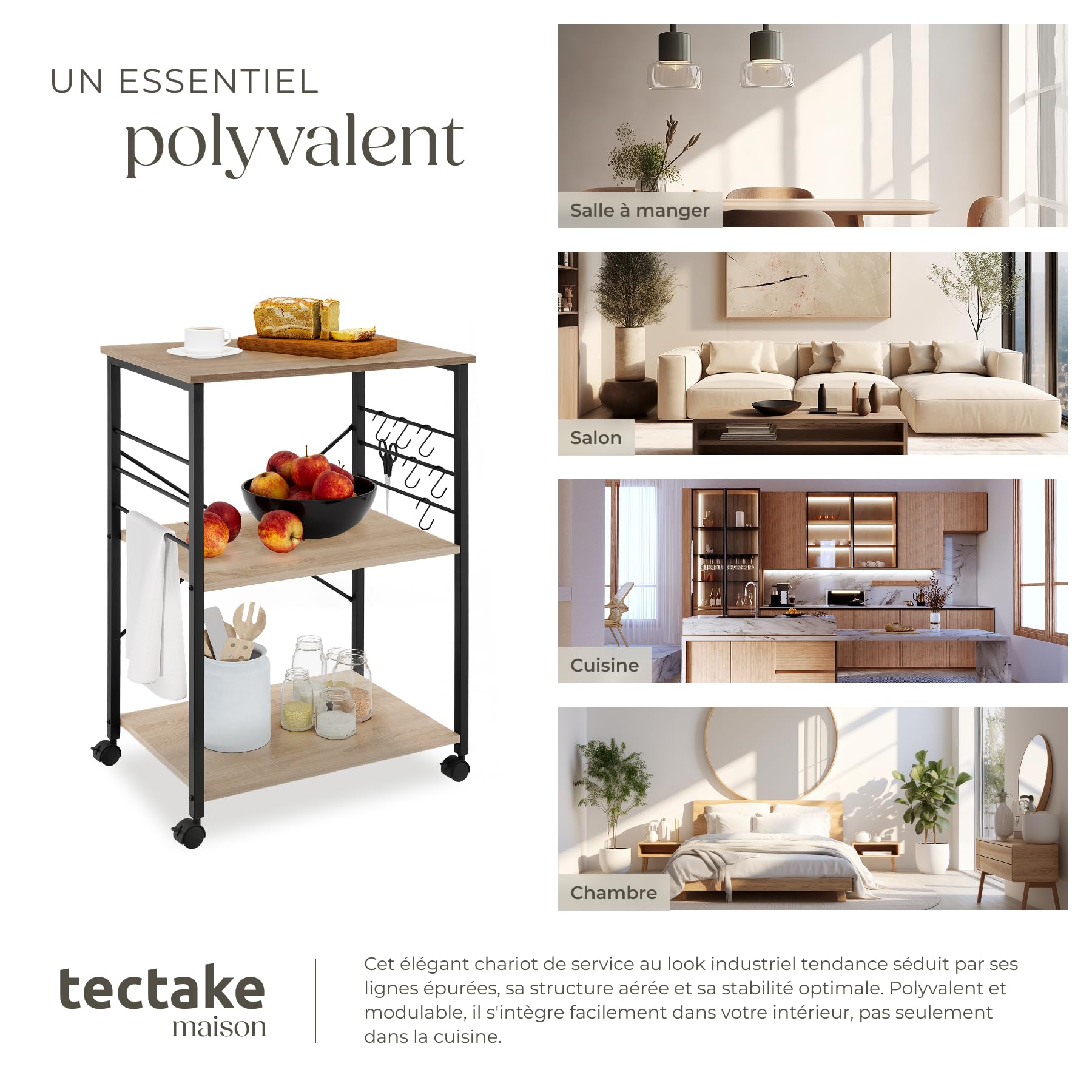 tectake® Desserte à roulettes 65,5 x 45,5 x 88,5 cm, Servante à 3 Niveaux et 6 Crochets pour Accessoires Chariot de Service Desserte de Cuisine roulettes pivotantes à Frein Meuble Cuisine, Bois Clair