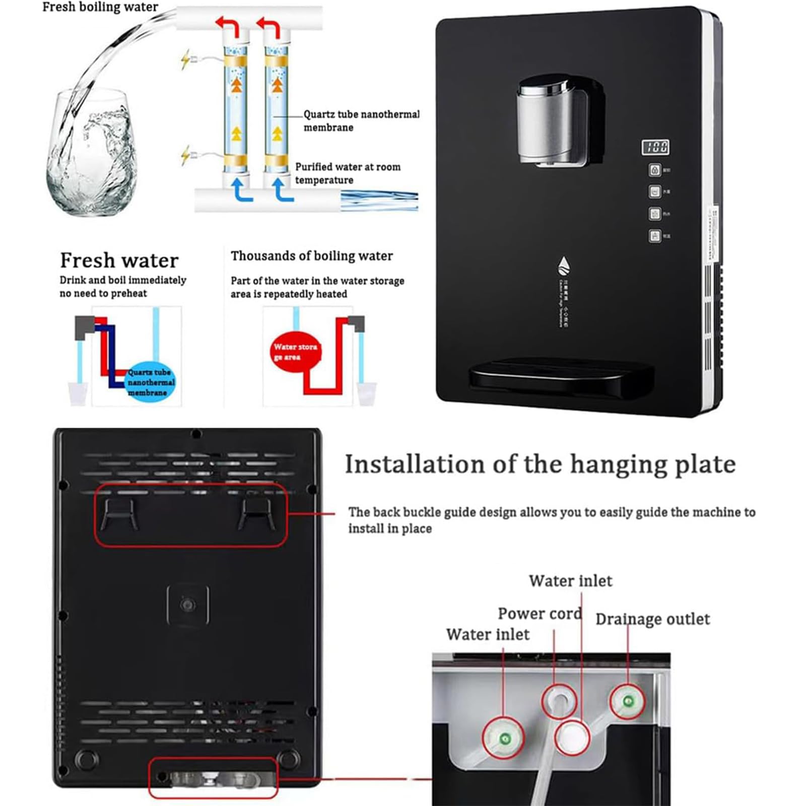 Dispensador de enfriador de agua, agua caliente instantánea montada en la pared, calentamiento rápido de 2200 W en 3 segundos, caudal de 30 l/h, temperatura ajustable para uso doméstico u oficina
