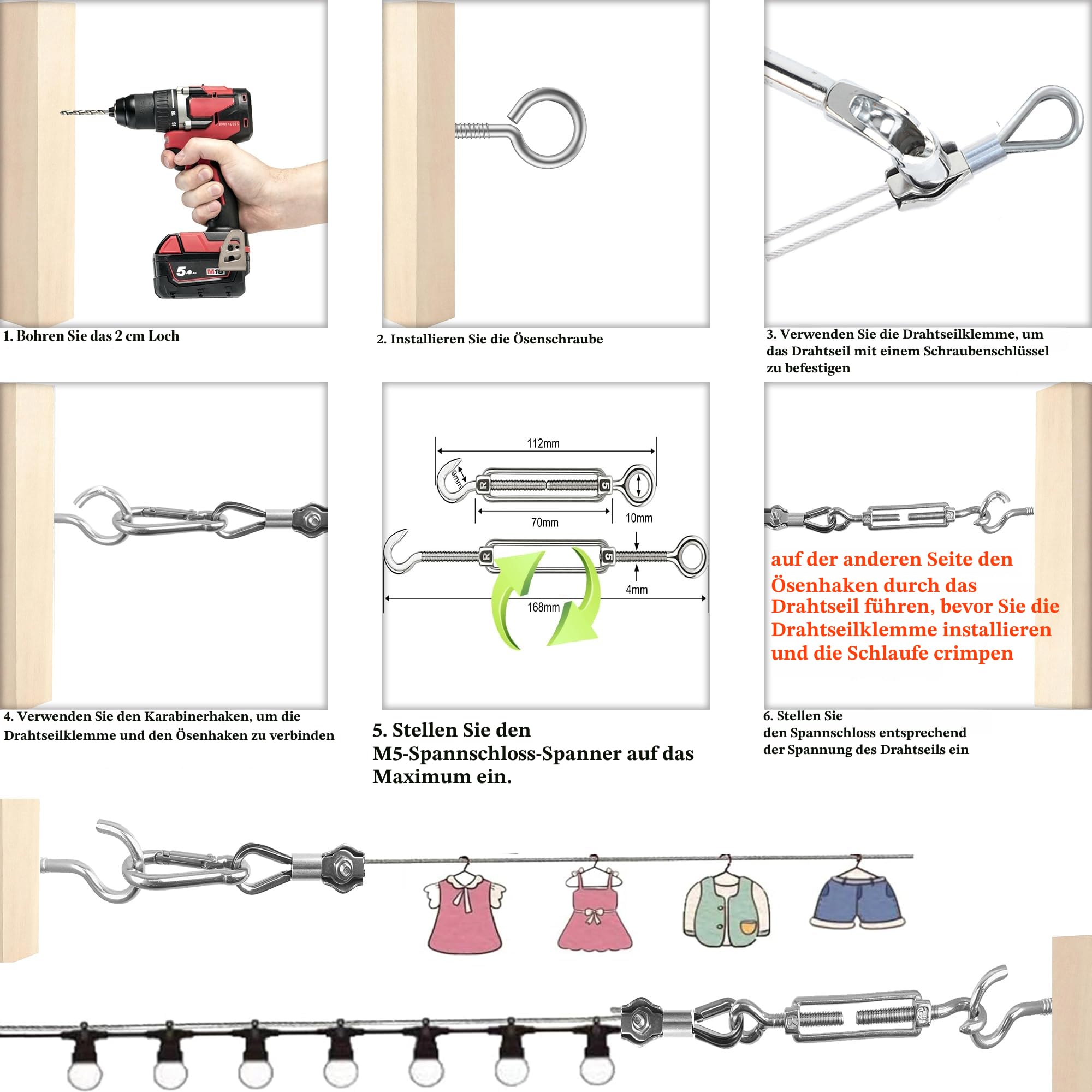 50M Stahlseil 2mm ,304 Edelstahlseil 2mm ,Drahtseil 2mm,M2 Drahtseilklemme mit M5 Drahtseil Spanner für rankhilfe edelstahl seilsystem,spannseil edelstahl für außen