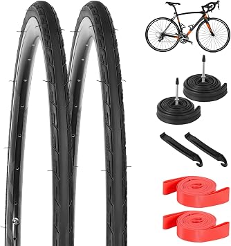 yeesport 700 x 25c Road Bike Tires, 2 Pack Folding 700x25c Tires & 700 x 25c-28c Bike Tubes Presta Valve 48mm Tire Replacement with Rim Strips for Urban Rural Asphalt Concrete Hard Roads