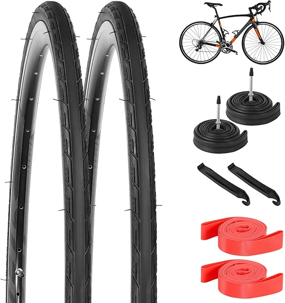 yeesport 700 x 25c Road Bike Tires, 2 Pack Folding 700x25c Tires & 700 x 25c-28c Bike Tubes Presta Valve 48mm Tire Replacement with Rim Strips for Urban Rural Asphalt Concrete Hard Roads