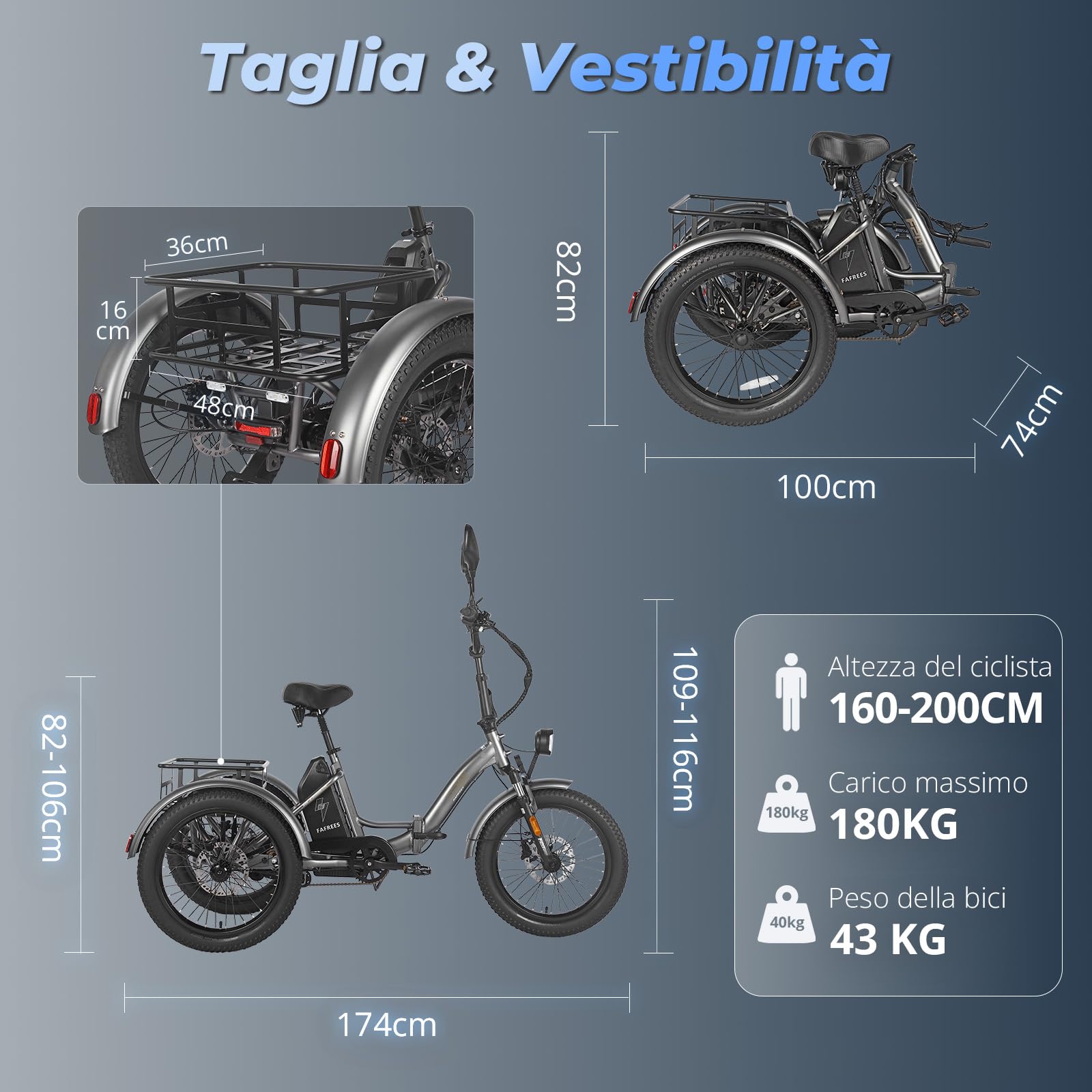 Fafrees Triciclo Elettrica 48V21Ah Batteria Rimovibile Bici Elettrica Pieghevole a 3 Ruote 20"×3.0", Autonomia 115km, Ebike Adulti Uomo Donna, Freni a disco idraulici,Cestino Ante-