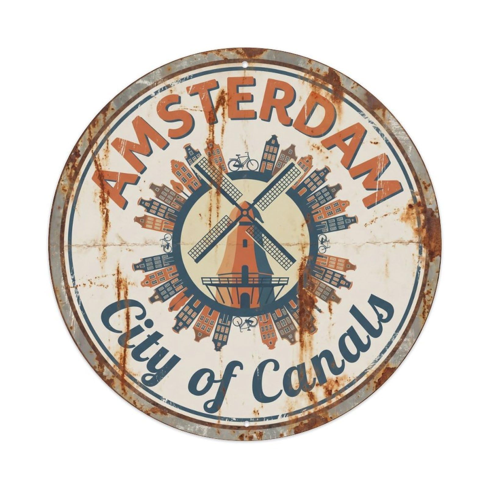 Vintage Travel Amsterdam Windmill Canal 1 Metal Tin Sign Plaque Wall Decor for Cafe, Club, Garden Round Metal Poster 8x8Inch