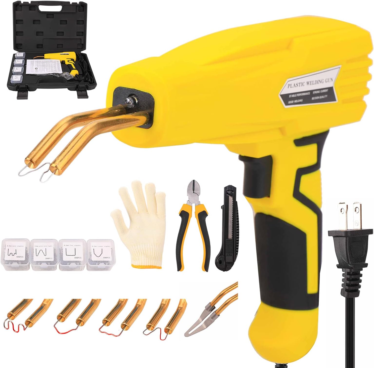 Tutor Auto 100W Plastic Welder, Plastic Welding Kit, Car Bumper Repair Kit with Hot Stapler Welding Gun, 400PCS Hot Staples, Plier, knife (Yellow)