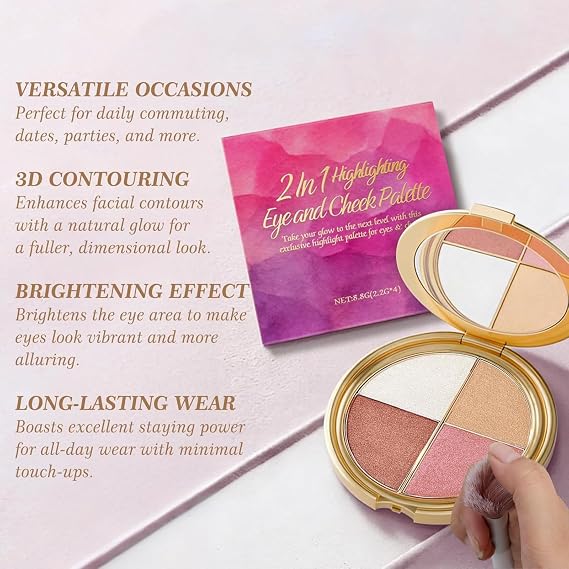 4-In-1 Highlighting Eye & Cheek Palette With Brush,Eyeshadow and Highlighter Makeup,Metallic Shimmer Makeup Palettes Contour Kit,Defining the Face Lightweight Long Lasting Natural Glow