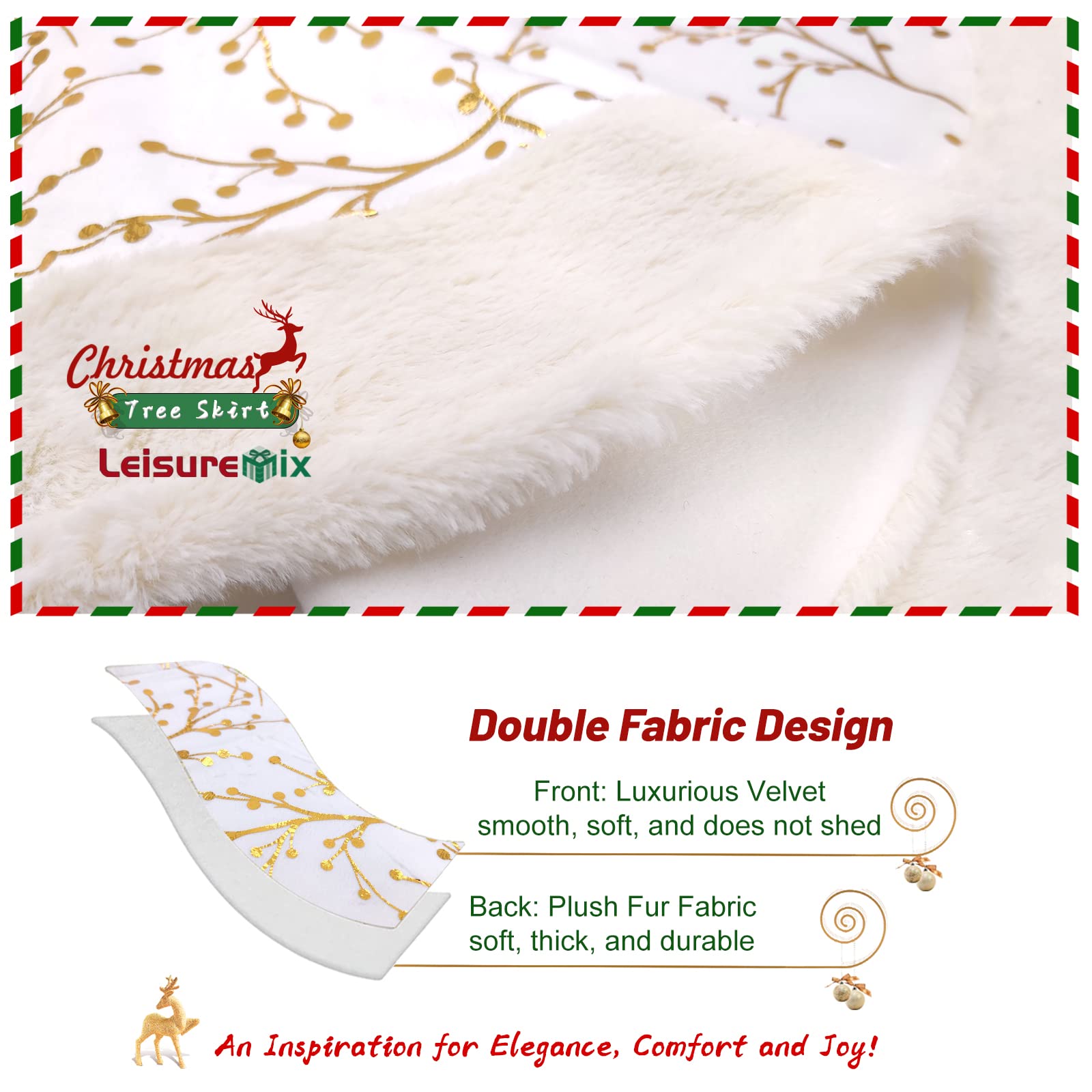 Leisuremix Christmas Tree Skirt 90cm / 36 Inch Gold White Xmas Tree Skirts for Christmas Party Home Decor Soft Velvet Tree Skirt - Image 3
