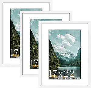 Picrit 17x22 Picture Frame 3 Pack, White Poster Frame, Display Poster 12 x 18 with Mat or 17 x 22 without Mat for Horizontal or Vertical Wall Mounting
