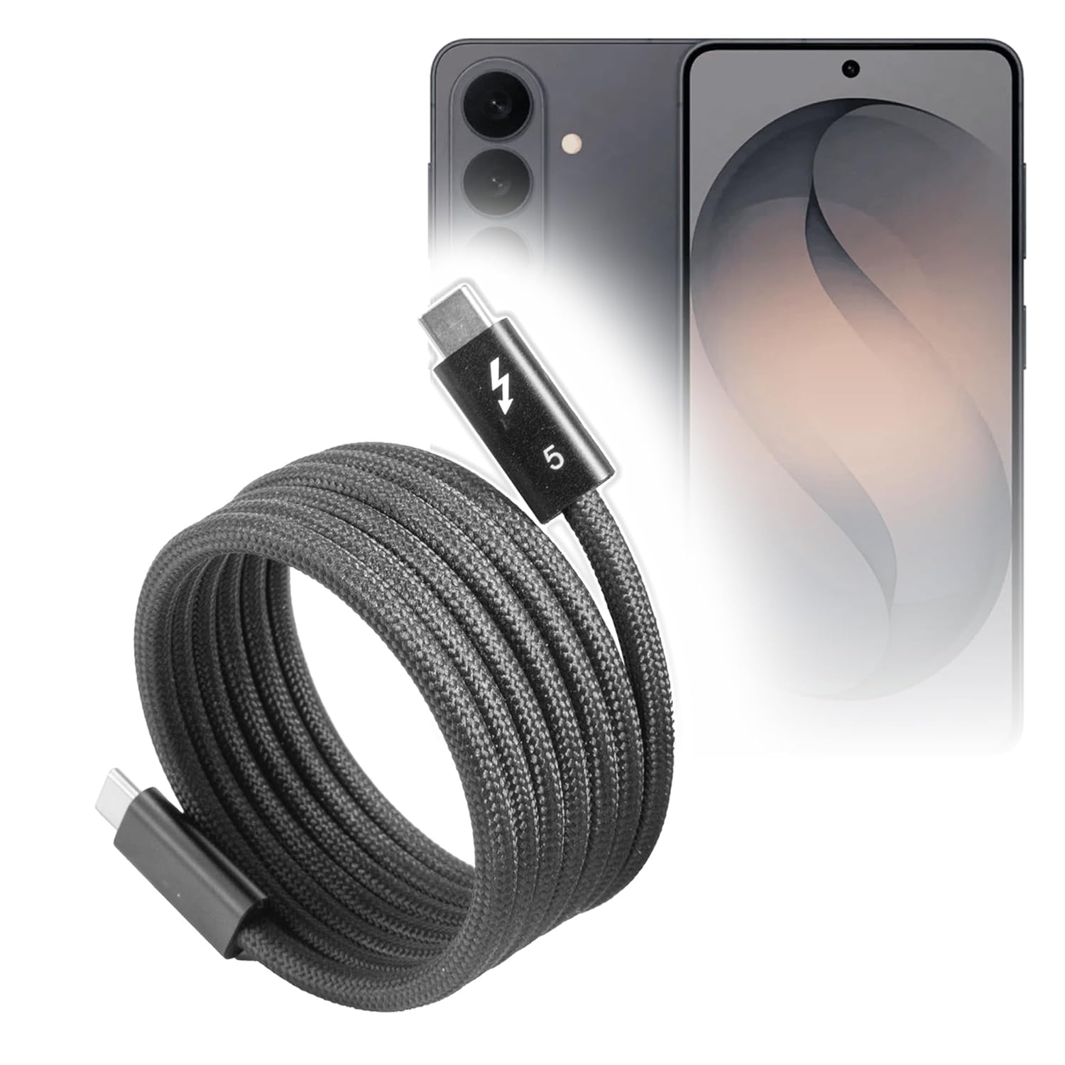 BoxWave Cable Compatible with Samsung Galaxy S26 - SnapWrap Thunderbolt 5.0 Cable (5ft 240W), Magnetic Self-Coiling Nylon Braided Retractable - Jet Black