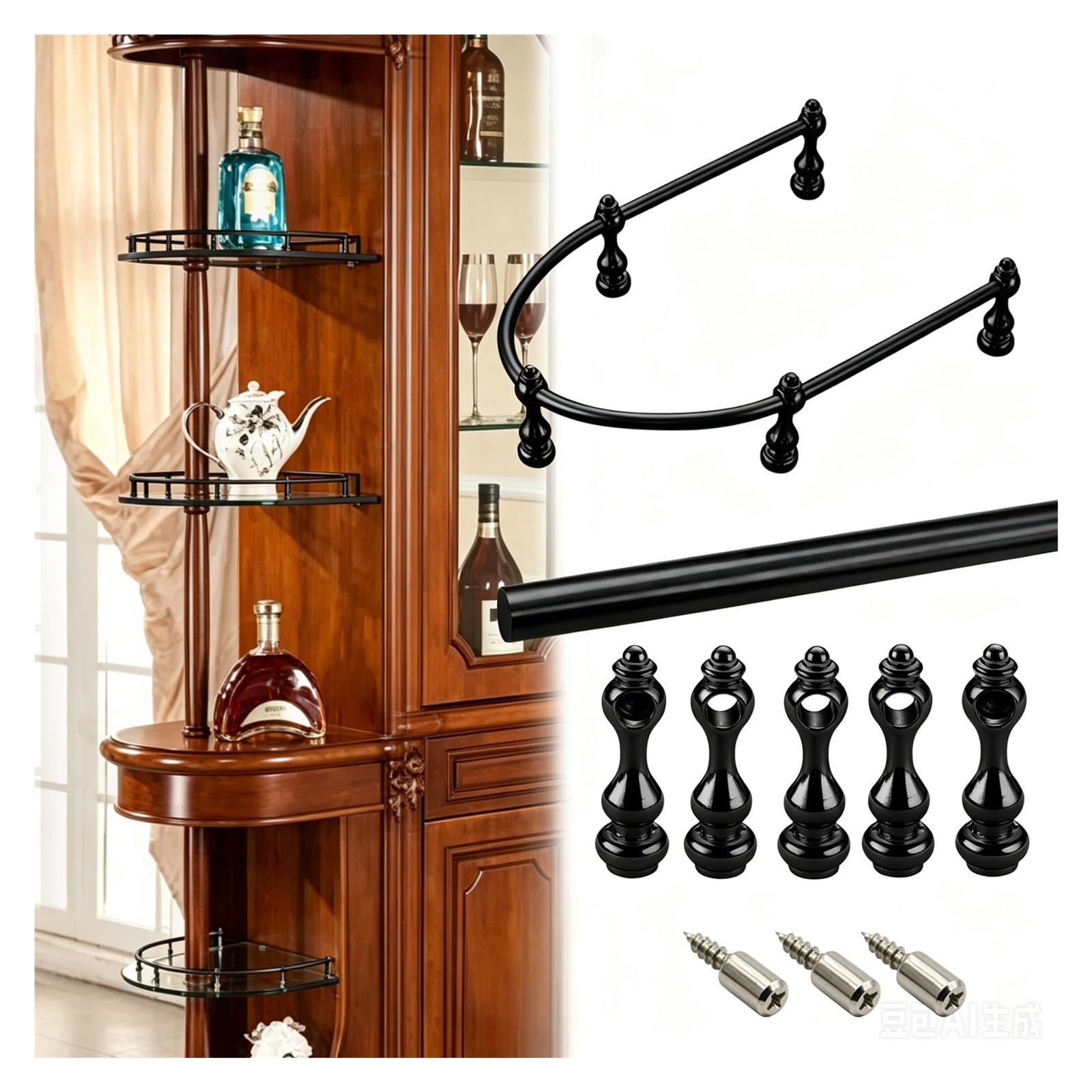 Custom Bendable Cabinet Guard Railing, Removable Aluminum Pole Guardrail with Posts & Screws, Decor Anti-Tipping Gallery Rails for Dining Room/Living Room/Bookshelf(Black,L 28cm/11.0")