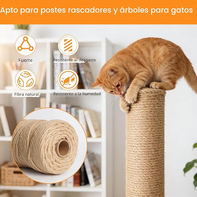 Foto 6 de 7 de Cuerda Rascador para Gatos 6mm x 100m, Cuerda de Yute