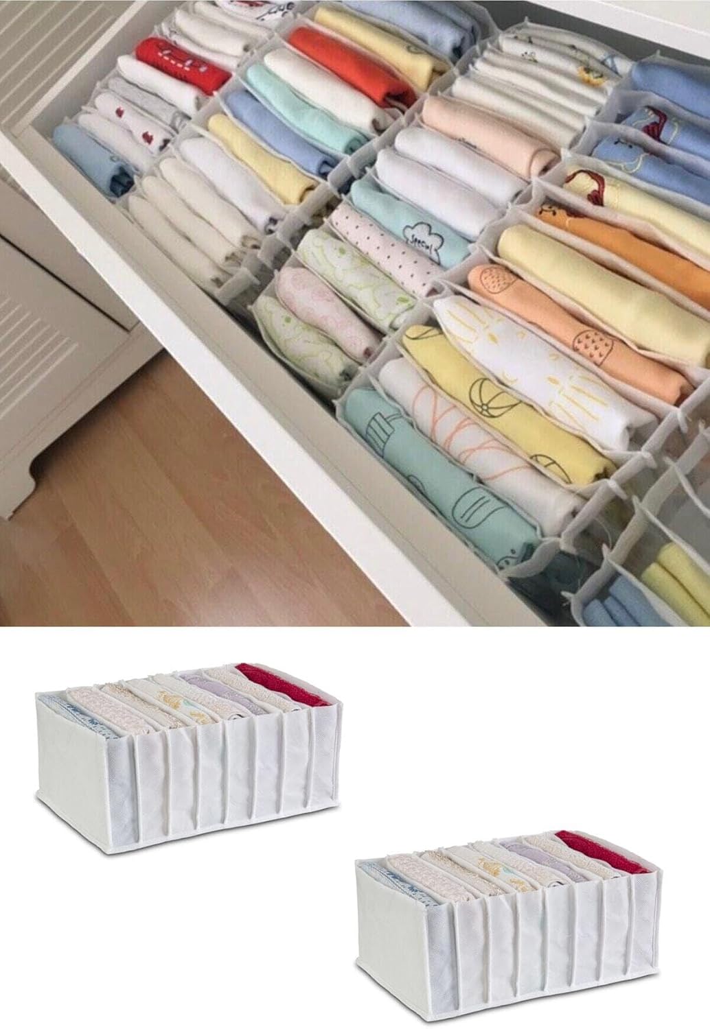 2 Pack Accordion Drawer Organizers 8 Compartments Foldable Fabric Storage for Socks Underwear Clothes 12.2 x 14.2 x 4.7 inches - White