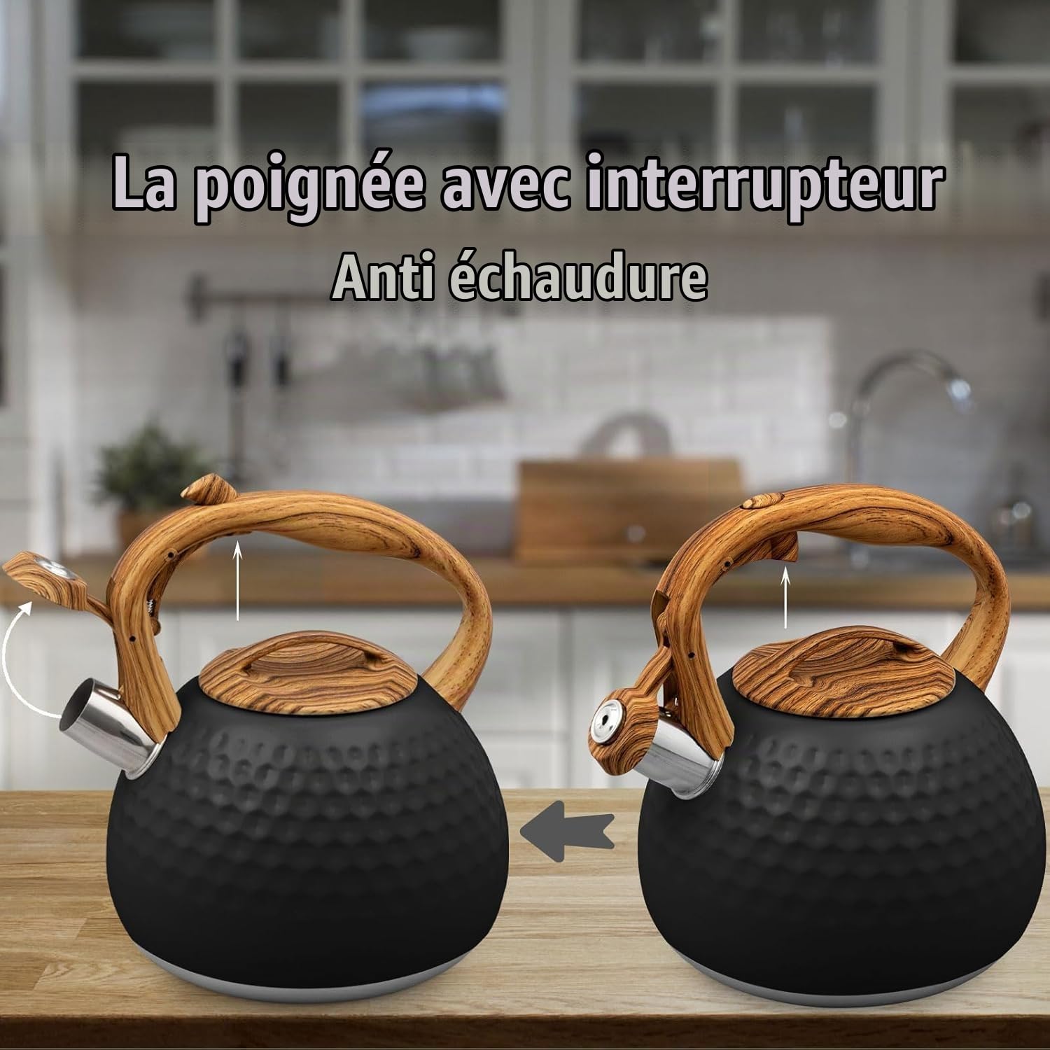 Bouilloire sifflante 3 l en acier inoxydable avec poignée effet bois bouilloire inox pour cuisinière induction gaz électrique (Noir)