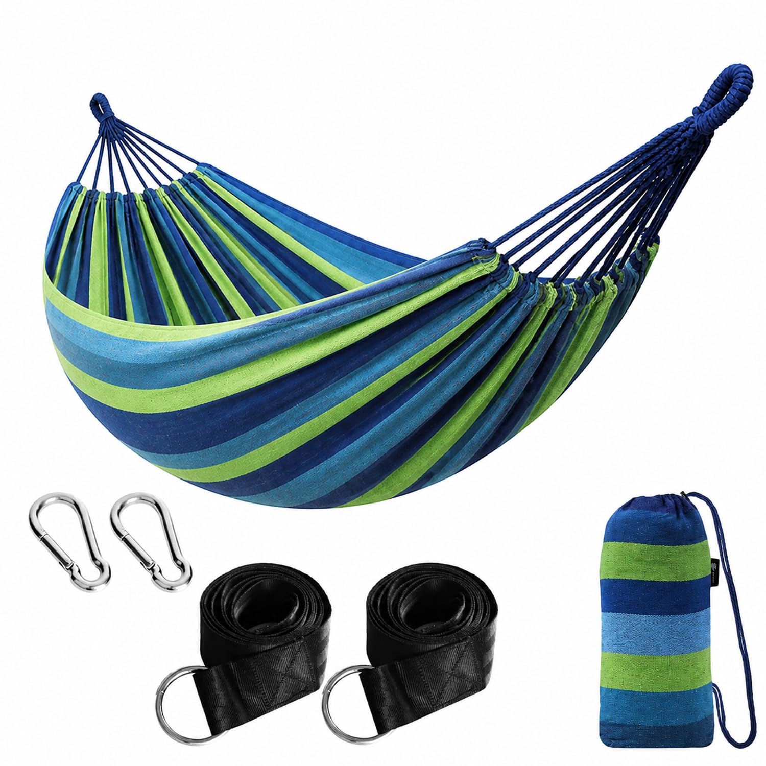 Amaca Da Campeggio E Giardino Con Sacca Trasporto Cinghie E Moschettoni Inclusi Struttura Anti Ribaltamento Cotone Resistente Portata 300 Kg 210 x 150 Cm Blu