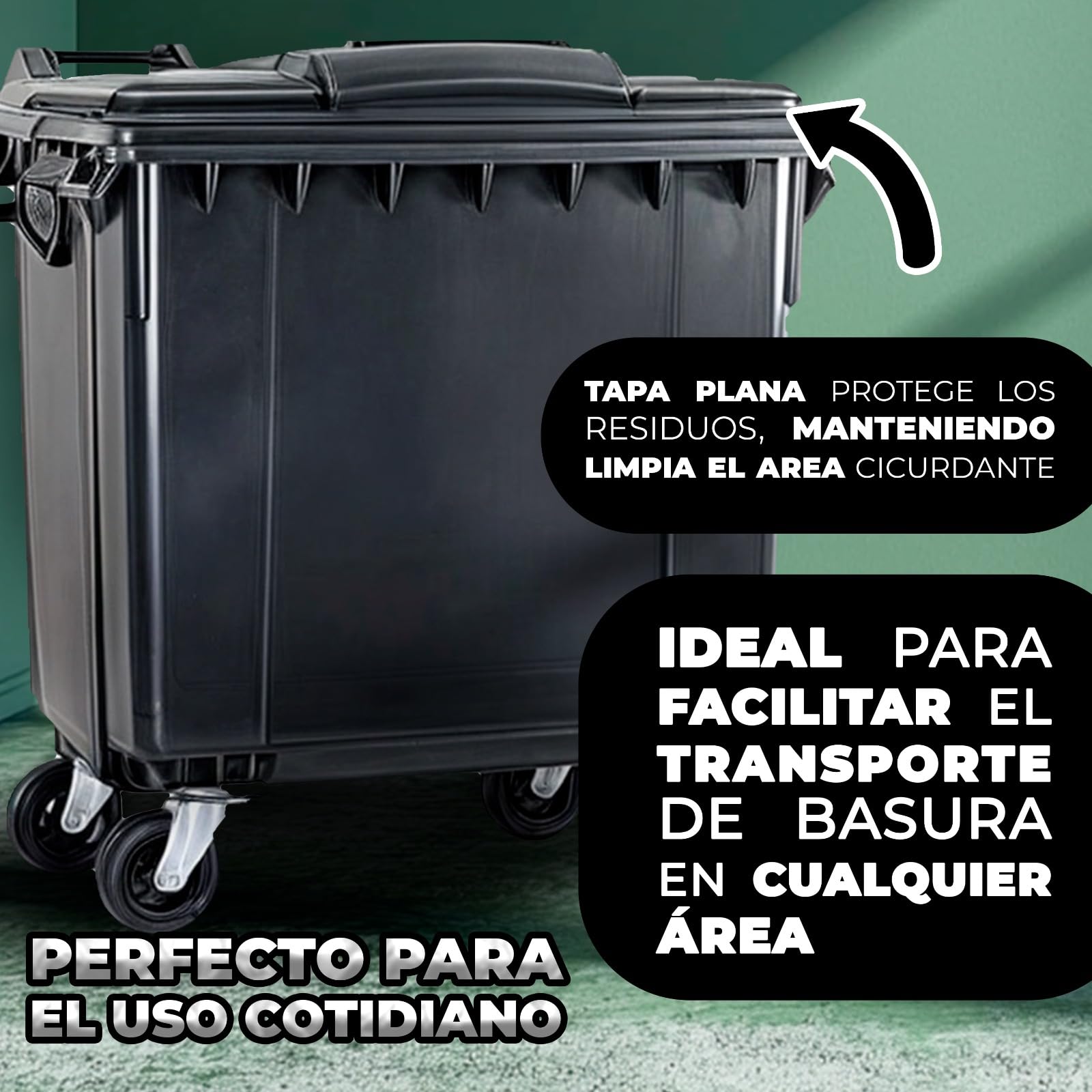 SSI Contenedor de Basura 1100L con Tapa Plana - Ruedas con Freno, Desagüe Inferior, Cumple Normativa EN-840, Ideal para Grandes Volúmenes de Residuos y Reciclaje en Exteriores (Antracita, 1100 litros)