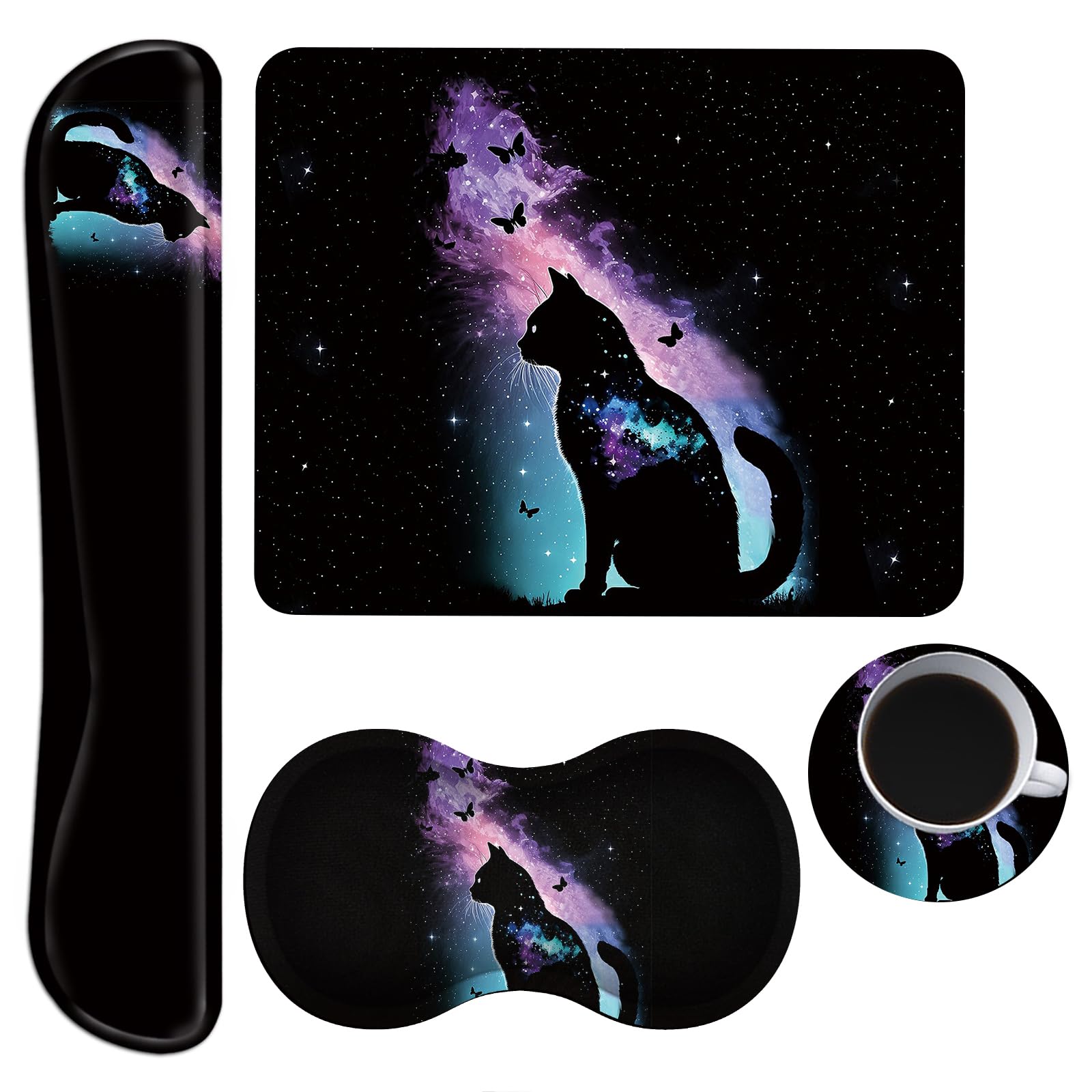Keyboard Wrist Rest + Mouse Pad + Mouse Wrist Rest Support Set + Coaster, Ergonomic Memory Foam Mouse and Keyboard Pad Set for Laptop Computer Office Home Working Gaming, Galaxy Cat