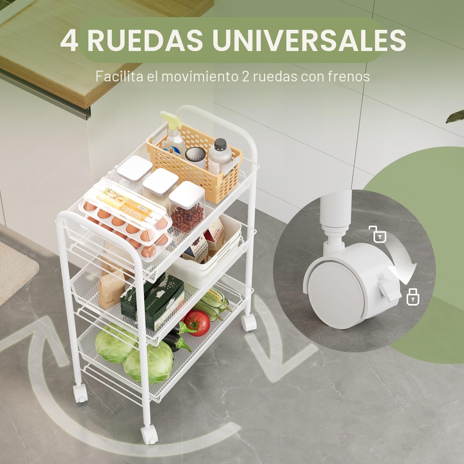 WELDUN Carro de Almacenamiento Delgado, Organizador de Almacenamiento de Carro rodante de 3 Niveles, portátil, Estable, para Dormitorio, Cocina, Blanco