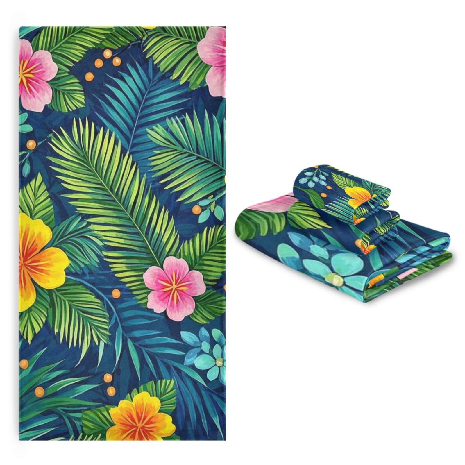 Set di 3 asciugamani decorativi colorati con foglie tropicali, 1 asciugamano da bagno, 1 asciugamano per le mani, 1 panno per la casa, cucina e famiglia