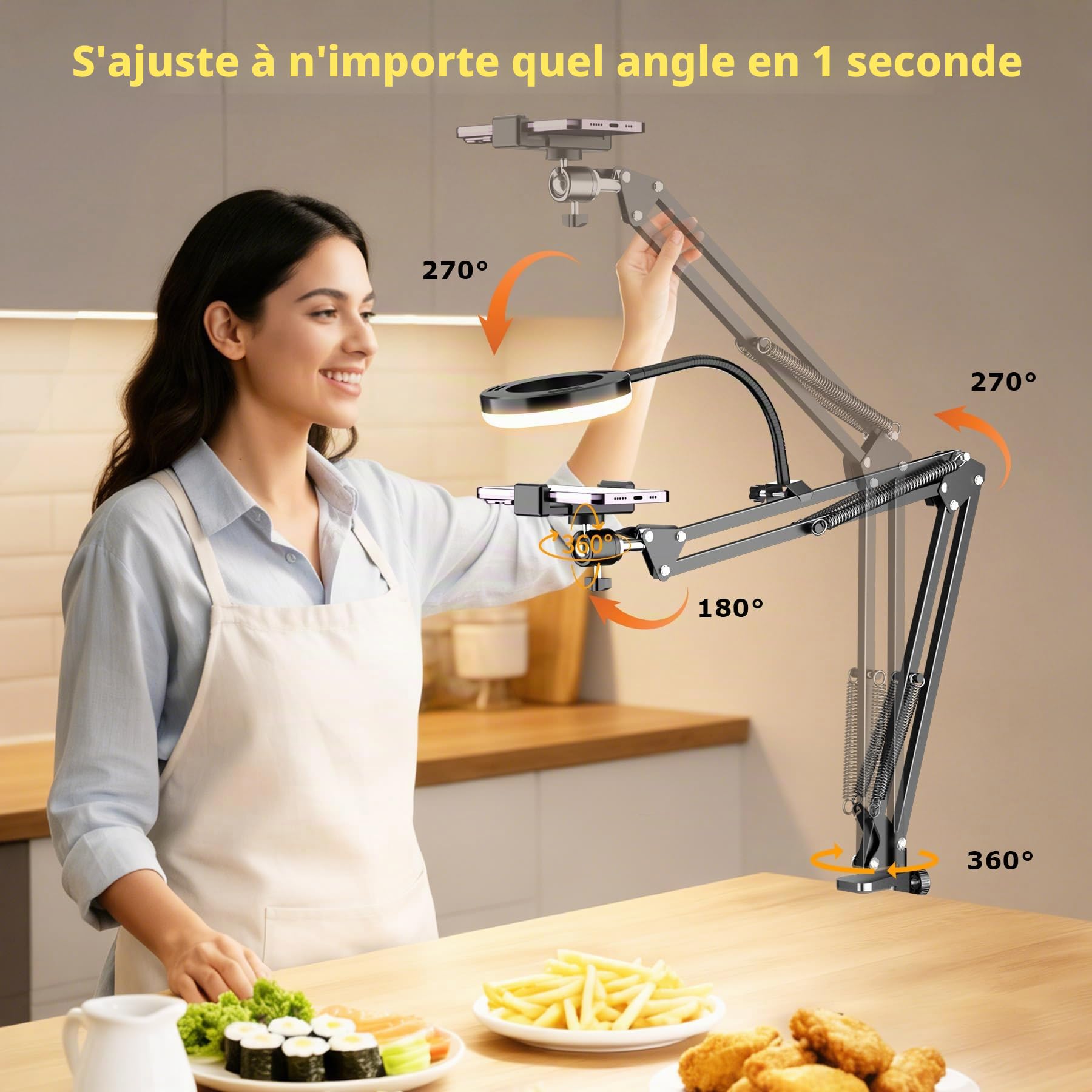Support de caméra aérien avec Anneau Lumineux, Support de Bras de téléphone articulé Flexible Compatible avec iPhone, Webcam Logitech, trépied de Bureau pour Youtube Live Stream Video Recording