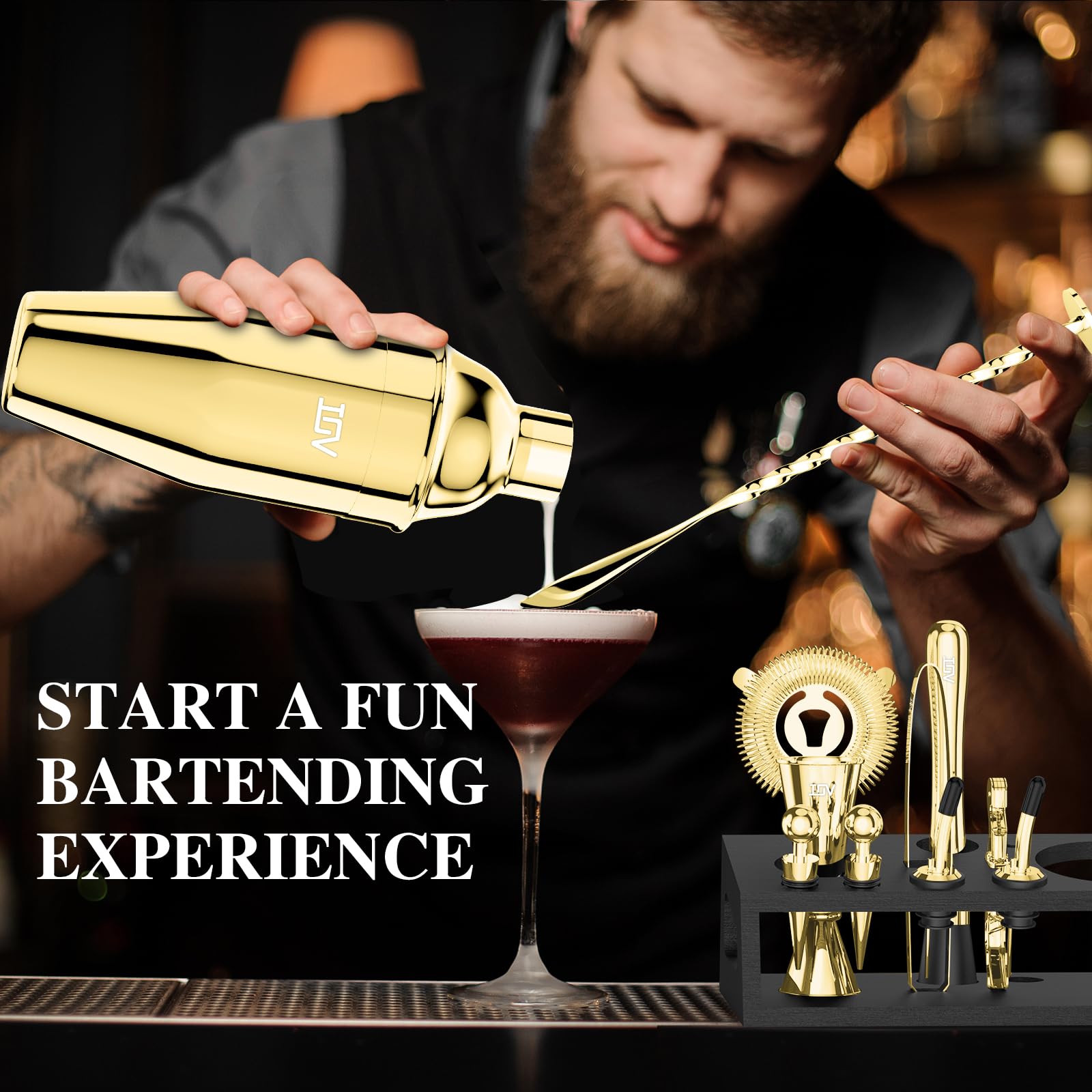 IOV Mixology - Kit da barista con supporto, set da 12 shaker per cocktail, shaker per martini da 680,4 g, per mescolare bevande, set da bar include tutti gli strumenti da bar e il libretto di ricette,