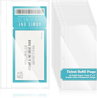40 Pages Ticket Stub Holder 3-Hole Ticket Stub Album Refill Page PVC Ticket Refill Sheets Clear Lottery Ticket Holders 8.6 x 4.8 inch Plastic Protective Sleeves for Collectors Travel Tickets (No Book)