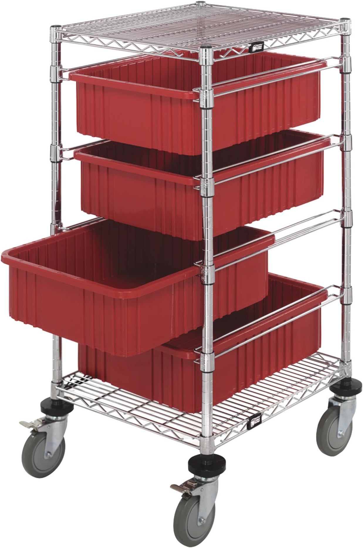Quantum Storage Systems BC212434M1RD Wire Bin Cart with 4 DG93060 Red Bins, Chrome Finish, 21" Width x 24" Length x 45" Height