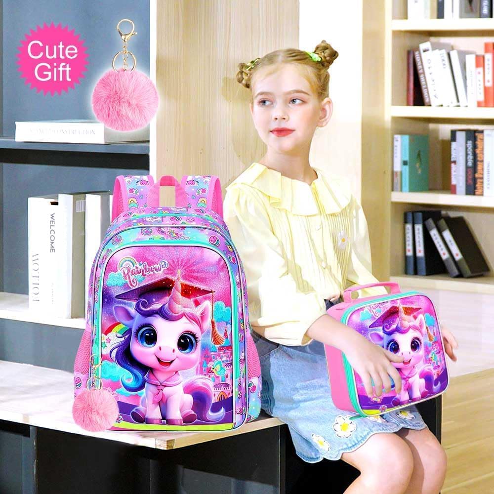gxtvo 3PCS Unicorn Backpack, 16" Girls Bookbag with Lunch Box, Kids Water Resistant Elementary Preschool Toddler School Bag - Pink Dr. Unicorn - Image 7