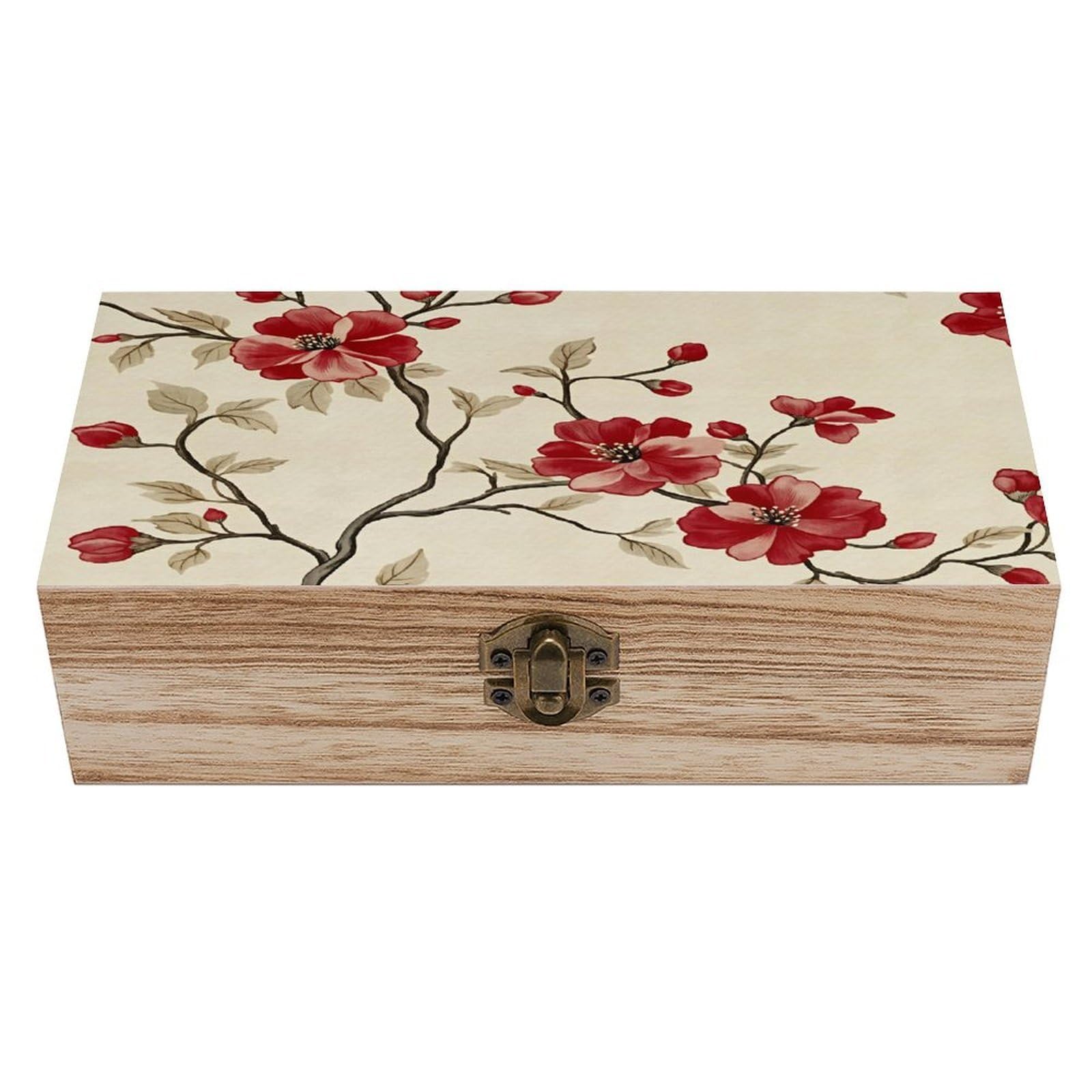 HLBSDM Red Floral Branch Vintage Wooden Keepsake Box with Hinged Lid And Locking Clasp, Decorative Storage Box for Jewelry, Trinkets And Small Accessories, Organizer for Home Or Wedding