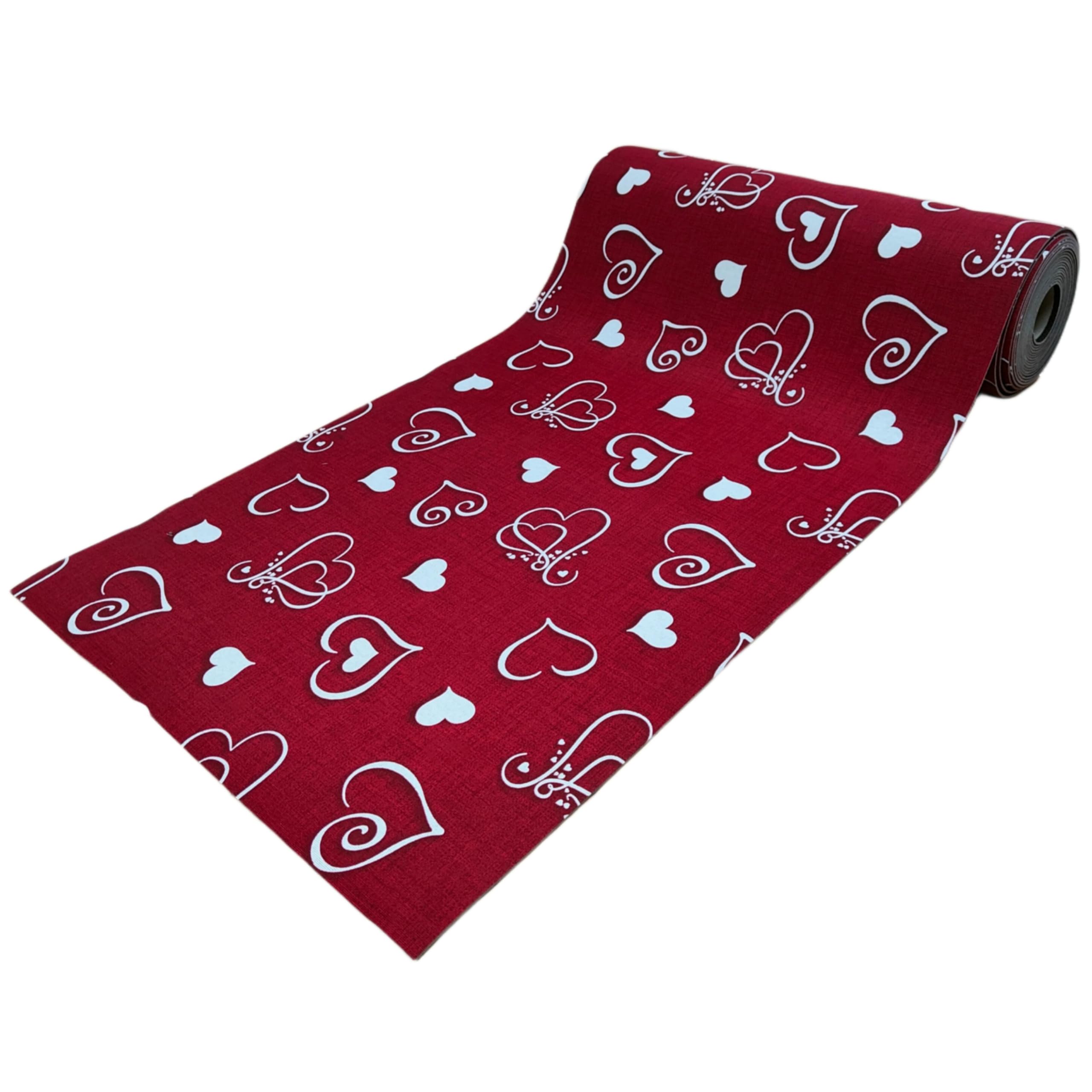 Tappeto Cucina al Metro Fantasia Cuori Passatoia Antiscivolo Lavabile Gommato Pvc (5 Metri, Bordeaux)