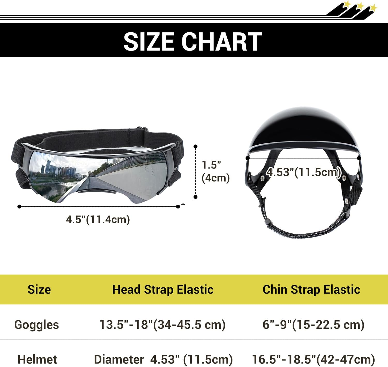 LESYPET Dog Helmet and Goggles for Small Dogs, UV Protection Dog Sunglasses Eye Protection Pet Motorcycle Helmet with Ear Hole for Riding, Windproof Dogs Goggles and Helmet Set, Silver and Black