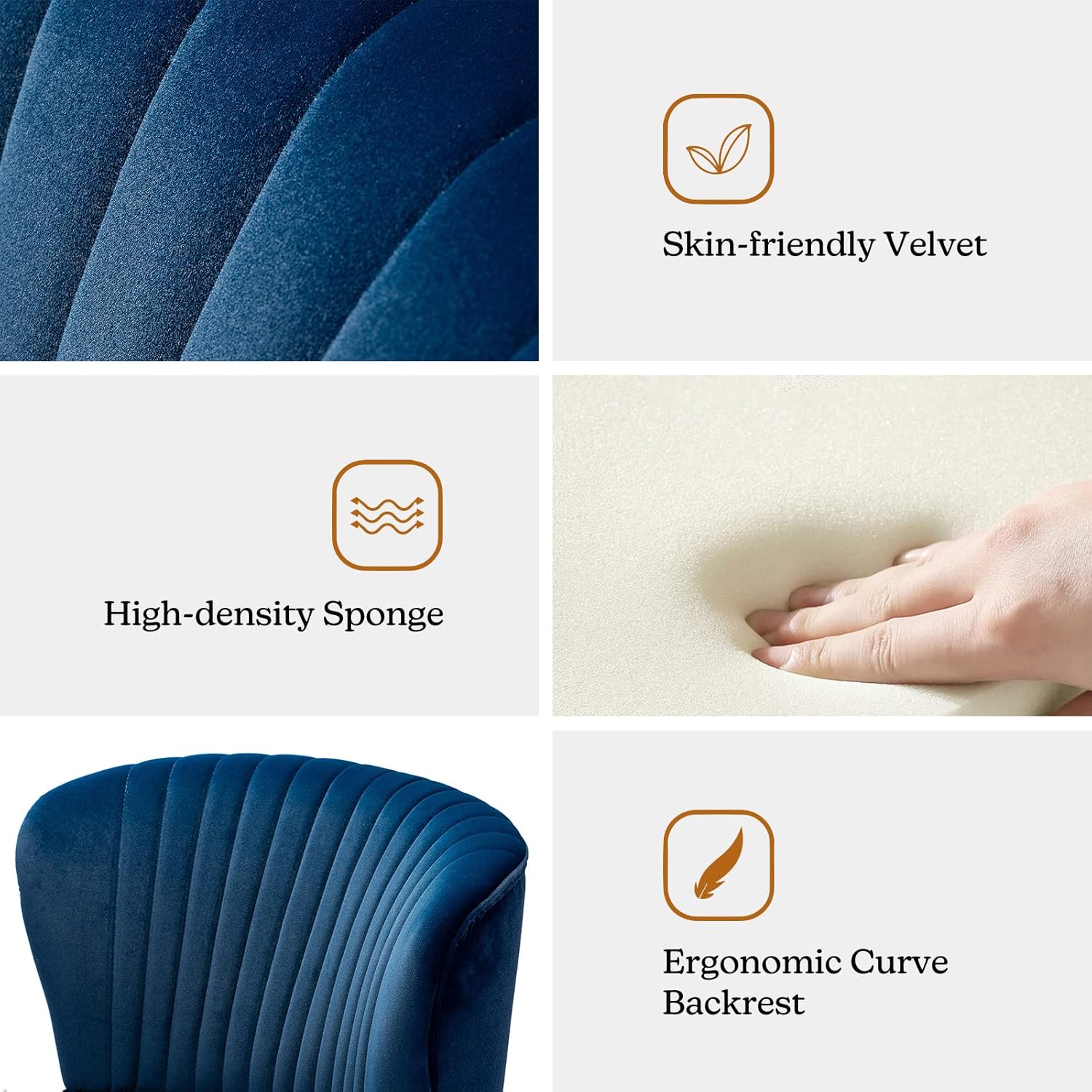 TINA'S HOME Monica Velvet Accent Chair Set of 2, Mid Century Side Chair Comfy Upholstered Living Room Chair with Golden Legs Wingback, Armless Slipper Chair for Bedroom Guest Room- Navy Blue