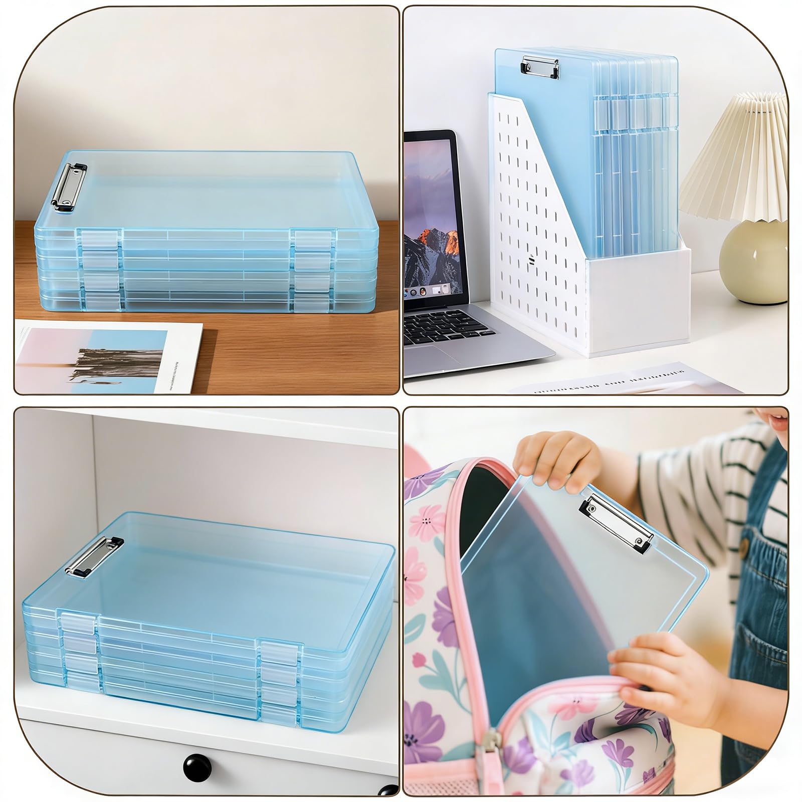 Portablocco con contenitore, portablocco in plastica blu trasparente con apertura laterale, impermeabile, pieghevole, resistente, per scuola e ufficio, formato lettera, formato A4, con adesivi