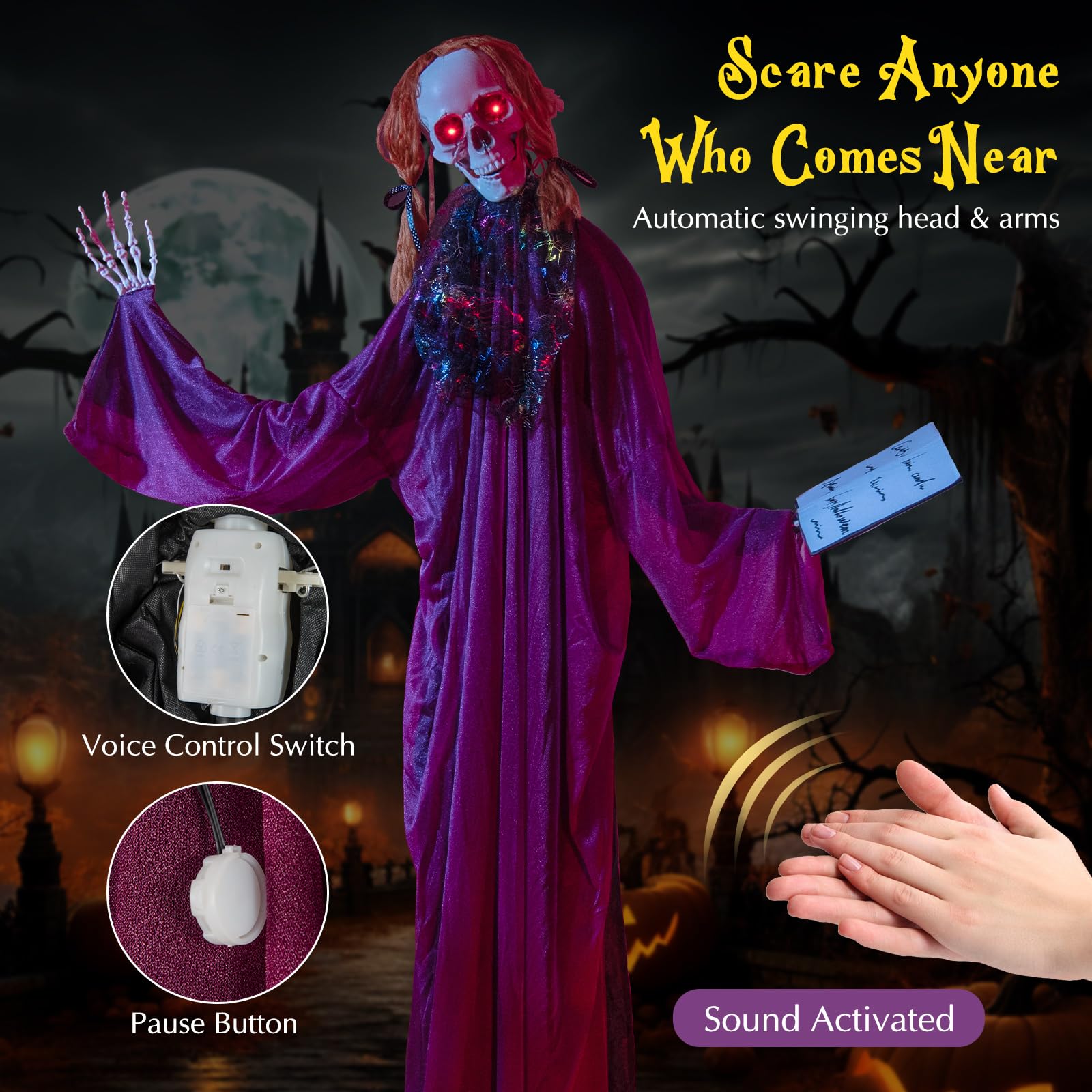 Tangkula Scheletro animatronico di Halloween con libro, spaventoso puntello animato con suoni ululanti, occhi rossi lampeggianti e braccia posizionabili, decorazione di Halloween in piedi per veranda