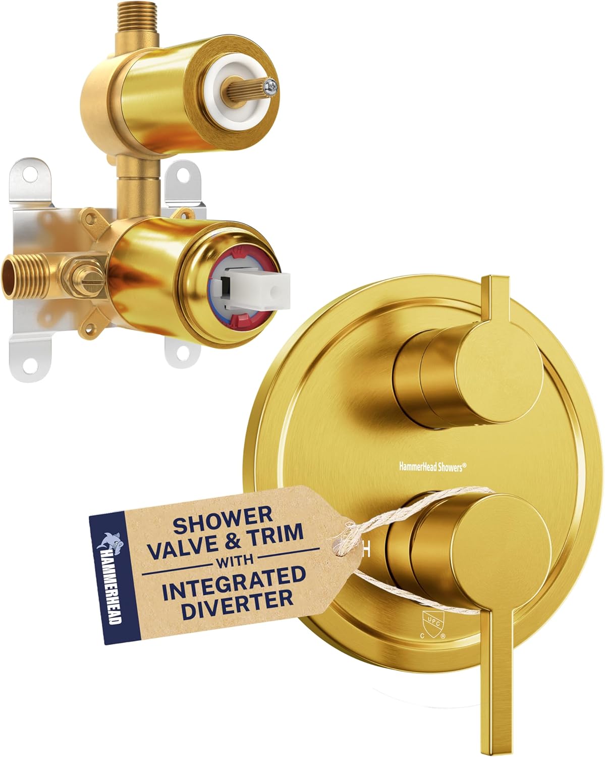 HammerHead Showers Solid Metal Two-Handle Shower Valve and Trim Kit, Volume and Temperature Control with Integrated Diverter, Pressure Balance Rough-In Valve Included, Brushed Gold