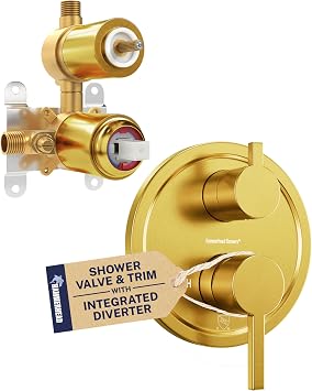 HammerHead Showers Solid Metal Two-Handle Shower Valve and Trim Kit, Volume and Temperature Control with Integrated Diverter, Pressure Balance Rough-In Valve Included, Brushed Gold