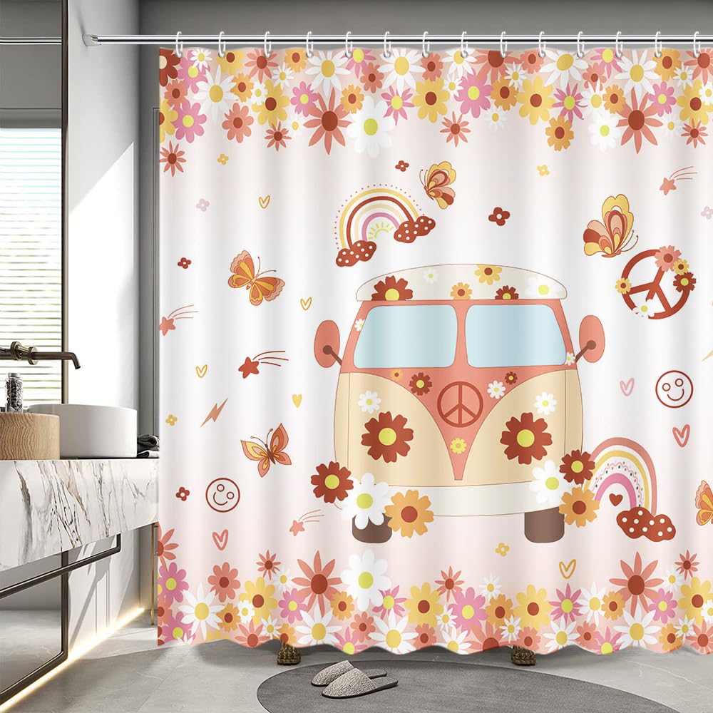 Groovy Duschvorhang – 183x183 Cm – Hippie-Style Mit Blumen, Regenbogen & Friedenssymbolen – Wasserdicht, Inkl. 12 Haken