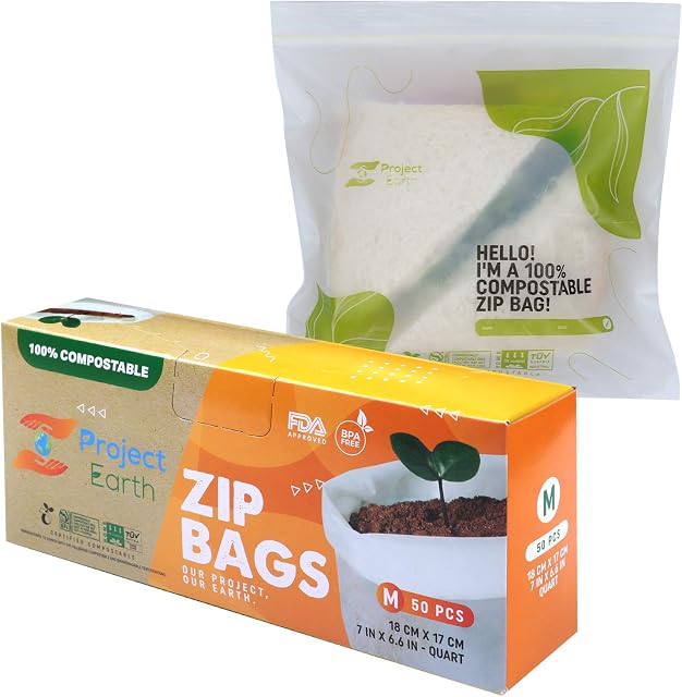 Compostable Ziplock Bags, 50 Count Quart | Freezer, Sandwich, Food Storage & More | Resealable Lock | Biodegradable Responsible Product | BPA Free
