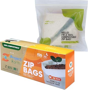 Project Earth Compostable Zip Bags, 50 Count Quart | Freezer, Sandwich, Food Storage & More | Resealable Lock | Eco Responsible Product | BPA Free
