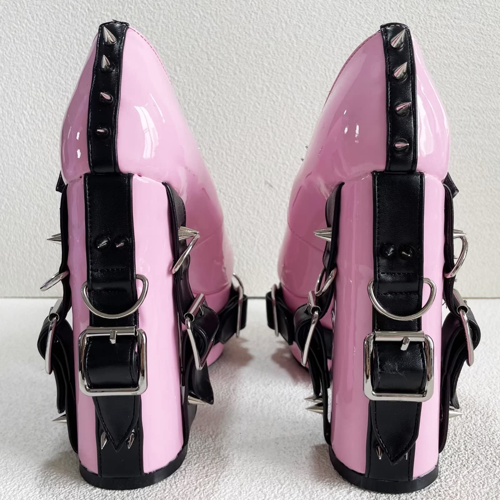 Frankie Hsu Women's Gothic Large Size Black Patent Leather Buckle Belt Ring Rivet Shinny Sexy Platform Chunky High Heels Ankle Strap Heeled Bootie Shoes: 10 Pink